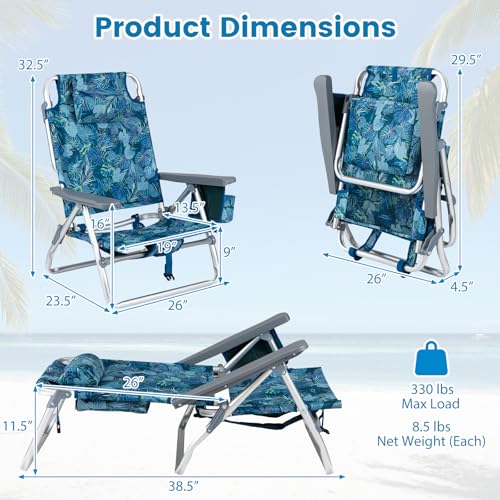 COSTWAY Portable Folding Backpack Beach Chairs Set of 2 with 5-Position Backrest, Padded Headrest, Cup Holder & Ice Bag for Lawn, Poolside (Tropical Leaf) - color: Tropical Leaf
