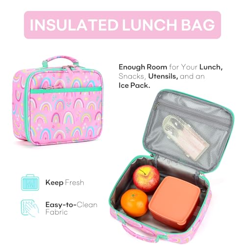 mibasies Girls Backpack with Lunch Box: 3PCS Kids Backpack Set for Kindergarten Elementary - 15 IN Cute Bookbag - Rainbow - color: Rainbow