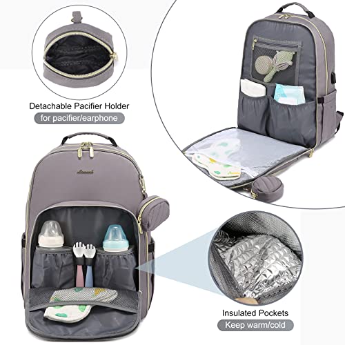 LOVEVOOK Diaper Bag Backpack, Quilted Baby Bag with Changing Pad & Pacifier Holder, Waterproof Travel Diaper Bags for Baby Boys Girls, Stylish and Large Capacity, Purple Grey - color: Purple Grey