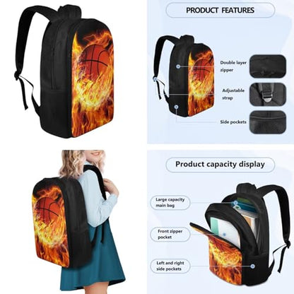 Flashideas Fire Basketball Backpack for School Boys Backpack with Lunch Box 32 Ounce Water Bottle and Water Bottle Carrier 4Pcs Set 17" Bookbag with Compartments Sturdy School Bag for Kids Elementary - color: Fire Basketball