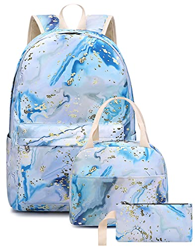 Bluboon Teen Girls School Backpack Kids Bookbag Set with Lunch Box Pencil Case Travel Laptop Backpack Casual Daypacks (Blue-white) - color: Blue-white