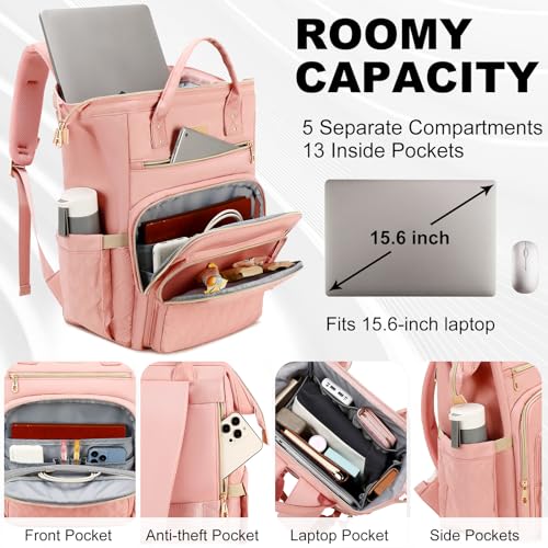 AIJIEKE Lunch Backpack for Women, 15.6 Inch Laptop Backpack with Detachable Insulated Cooler Lunch Box, 2-in-1 Water Resistant Work Computer Bag for Nurse Teacher College Commute, Pink - color: Pink