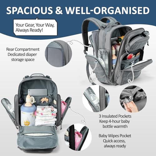 MIRACOL Outdoor Military Diaper Backpack: Dad-Approved Baby Bag with Insulated Pockets & Foldable Changing Mat - Lightweight Essentials for Hiking Camping Outdoor Adventures - color: Grey W/ Changing Mat
