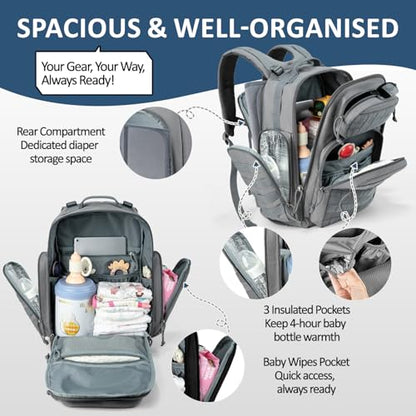 MIRACOL Outdoor Military Diaper Backpack: Dad-Approved Baby Bag with Insulated Pockets & Foldable Changing Mat - Lightweight Essentials for Hiking Camping Outdoor Adventures - color: Grey W/ Changing Mat