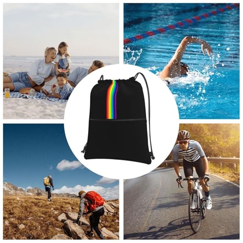 JOOCAR Rainbow Drawstring Bag LGBT Pride Gay Black Backpack Draw String Bags Waterproof Lightweight Sports Beach Gym Sackpack Zipper Pocket for Men Women - color: B7