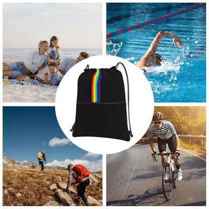 JOOCAR Rainbow Drawstring Bag LGBT Pride Gay Black Backpack Draw String Bags Waterproof Lightweight Sports Beach Gym Sackpack Zipper Pocket for Men Women - color: B7