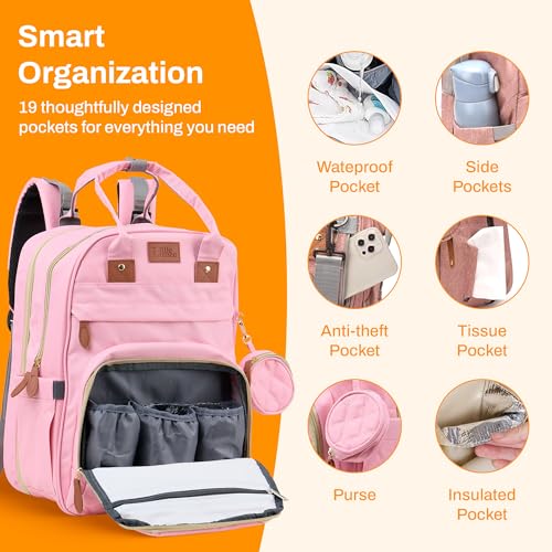 Diaper Bag Backpack with Changing Station – Large Baby Diaper Bag with 19 Pockets, USB Port, Waterproof, Insulated Bottle Holders, Stroller Straps – Travel Maternity Bag – Pink - color: Pink