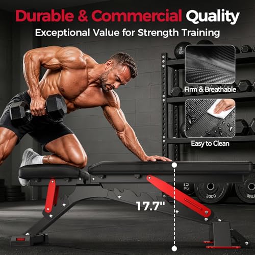FLYBIRD WB7 Weight Bench, Commercial Grade Adjustable Weight Bench - 1300LBS Workout Bench for Home Gym, Flat Incline Bench Press Heavy Duty Bench with 34'' Extra-Long Backrest and Easy-Roll Wheels