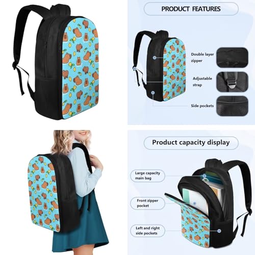 Flashideas Cute Capybara Backpack for School Boys Backpack with Lunch Box Insulated Water Bottle and Water Bottle Bag 4Pcs Set 17" Girls Bookbag with Compartments Sturdy School Bag for Kids Elementary - color: Capybara and Lemon