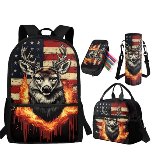 American Flag Deer Backpack for Boys Kids Backpack with Lunch Box Water Bottle Carrier Pencil Pouch 4 in 1 Elementary School Backpacks for Boys Bookbag with Handle Back to School Supplies - color: American Flag Deer