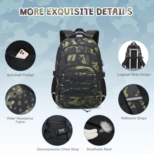 ACESAK Camo Backpack for Boys, Tactical Kids Backpack Boys, School Bags for Boy Children Teens Kids Elementary Middle High School, Military Bookbag and Lunch Bag Pencil Case Set with USB Charging Port - color: Brown Camo