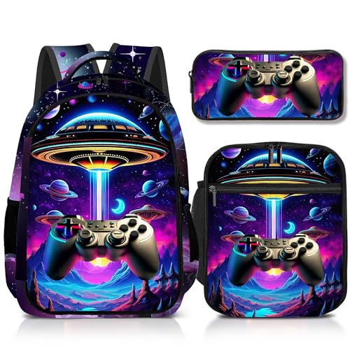 Boys Backpack with Lunch Box and Pencil Case, 3Pcs Gamer Backpack for Boys Teens, 17 Inch Large Capacity - color: GAME-TKCZ-2