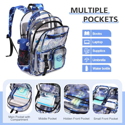 DIGOBAY 3PCS Cool Luminous Clear Backpack for Boys Kids, Gamer Clear Bookbag for School, See Through PVC Transparent Backpacks with Lunch Bag Pencil Case, Backpack Heavy Duty for School Stadium - color: Blue Lightning