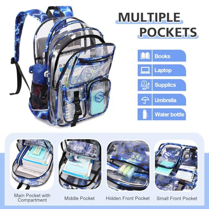 DIGOBAY 3PCS Cool Luminous Clear Backpack for Boys Kids, Gamer Clear Bookbag for School, See Through PVC Transparent Backpacks with Lunch Bag Pencil Case, Backpack Heavy Duty for School Stadium - color: Blue Lightning