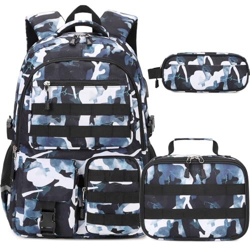 DIGOBAY Camo Backpack for Boys, Tactical Boy Backpacks for School, Kids Backpack With Lunch Box Pencil Case USB Charging Port Military Army SchoolBags for Boy Teens Kids Elementary Middle High School - color: Black Navy Camo