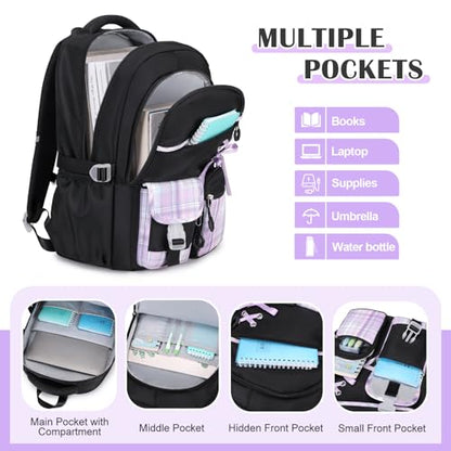 DIGOBAY Backpacks for Girls - 3PCS Girls Backpack with Lunch Box & Pencil Pouch Plaid School Backpacks for Elementary Middle High College School Bookbag for Teen Girl Kids Students Blackpurple - color: Blackpurple