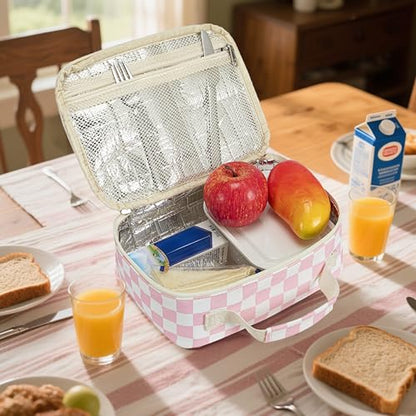 LEDAOU Lunch Box Kids Insulated Lunch Bag Girls Boys Toddler Reusable Lunchbox for School Picnic Hiking (Checkered-Pink) - color: Checkered-Pink