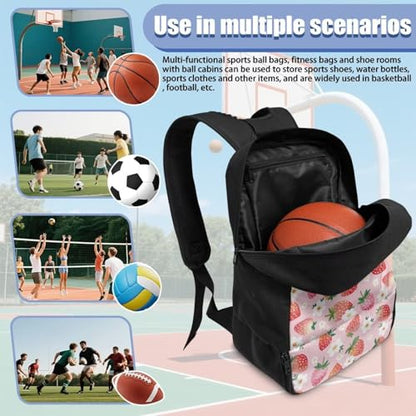 18.5in Basketball Backpack Basketball Bag with Shoe Compartment & Ball Holder, Waterproof Bag for Soccer Volleyball - color: Strawberry Floral Print Pink