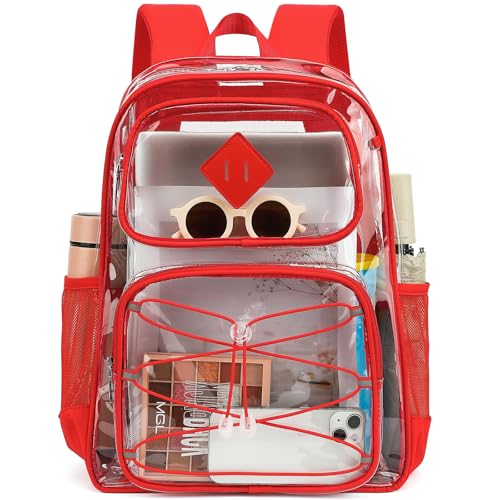 Clear Backpacks for Girls Women, Heavy Duty PVC Transparent Back Pack See Through Boys Kids Clear Bookbags for School Red - color: Red