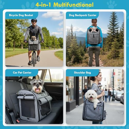 Dog Front Bike Basket 4-in-1 Pet Carrier Backpack & Car Seat, 22lbs Load, Stable L-Shaped Mount for E-Bikes (Display <3.15"), Reflective Waterproof Folding Bicycle Bag for Small Medium Dogs
