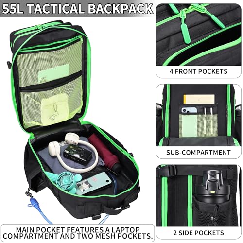 55L Tactical Backpack Heavy Duty Military Rucksack Molle Backpack 3 Day Assault Pack for Work Outdoors - color: Blackgreen