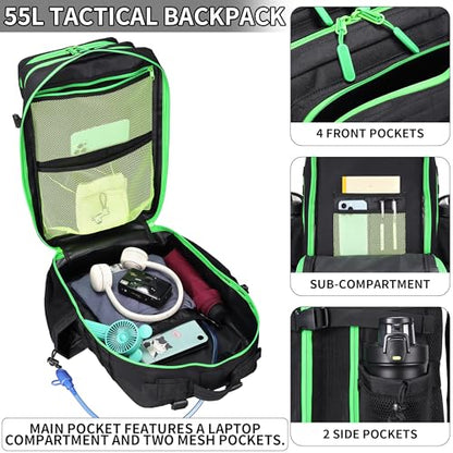 55L Tactical Backpack Heavy Duty Military Rucksack Molle Backpack 3 Day Assault Pack for Work Outdoors - color: Blackgreen