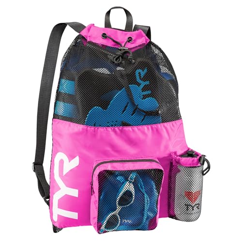 TYR Big Mesh Mummy Backpack For Wet Swimming, Gym, and Workout Gear, Pink - color: Pink