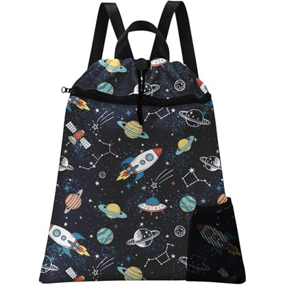 Space Rocket Drawstring Backpack, 15” x 17” Waterproof Swim Bag for Beach Swimming Pool, Lightweight Foldable Gym Bag with Water Bottle Holder for Sports Travel - color: Space Rocket