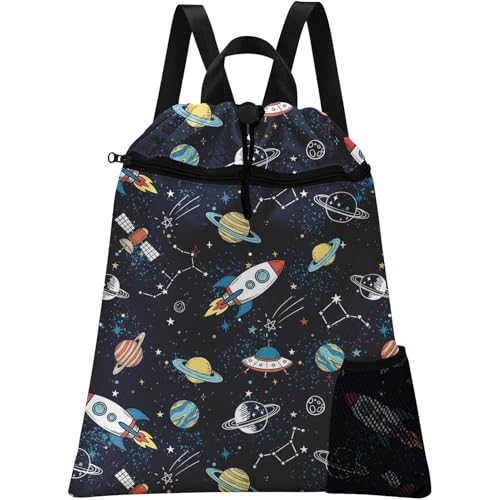 Space Rocket Drawstring Backpack, 15” x 17” Waterproof Swim Bag for Beach Swimming Pool, Lightweight Foldable Gym Bag with Water Bottle Holder for Sports Travel - color: Space Rocket