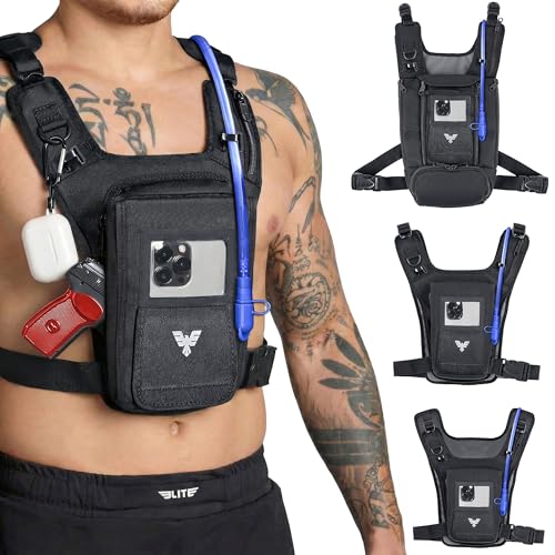Elite Hydra Running Chest Pack w/ Gun Holster, Phone Holder Touch Friendly, Camera Pocket for Men/Women Lightweight Hydration Vest Chest Rig w/ Water Bladder for Marathon, Cycling, ADV Camping, Skiing - size: Medium