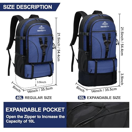 40L/50L Expandable Hiking Backpack for Men and Women, Travel Camping Backpack Flight Approved - color: 40l+10l Blue