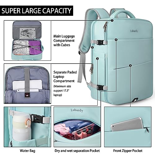 Lubardy Travel Backpack for Men Women 17 Inch Flight Approved Carry on Backpack Waterproof Large 40L Luggage Daypack Business College Weekender Overnight Laptop Backpack with 3 Packing Cubes, Green - color: Green(backpack With 3 Packing Cubes)