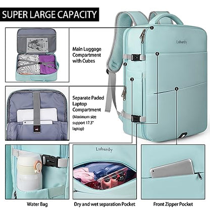 Lubardy Travel Backpack for Men Women 17 Inch Flight Approved Carry on Backpack Waterproof Large 40L Luggage Daypack Business College Weekender Overnight Laptop Backpack with 3 Packing Cubes, Green - color: Green(backpack With 3 Packing Cubes)