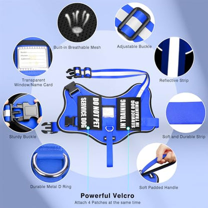 Service Dog Vest Harness and Leash Set+10 Patches,No Pull&Easy Walk Reflective Dog Harness with Soft Padded Handle for Training/Everyday,Fit Small/Medium/Large/Extra-Large Dogs (Blue M) - color: Blue, size: Medium