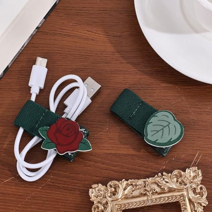 2 PCS Cord Organizer,Cord Keeper,Cable Organizer USB Holder,Cable Straps,Earbud case,wrap Headphone,Headset Winder,Earphone Clips Ties,stocking stuffers Gifts for Women Leather Rose - style: Rose