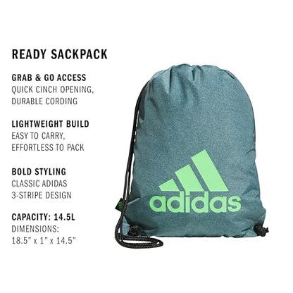 adidas Ready Sackpack – Drawstring Backpack Lightweight Small Gym Bag - color: Twill Preloved Teal/Lime Burst Green/1.0