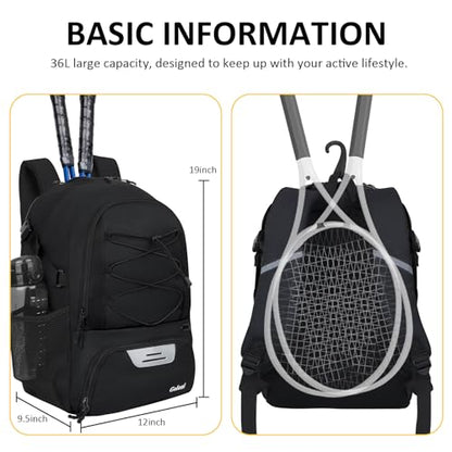 Goloni Tennis Backpack, Tennis Bag with Fence Hook & Ventilated Shoe Compartment, Holds 2 Tennis Rackets - color: Black
