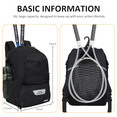 Goloni Tennis Backpack, Tennis Bag with Fence Hook & Ventilated Shoe Compartment, Holds 2 Tennis Rackets - color: Black