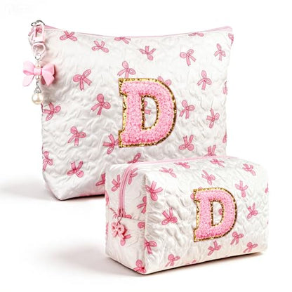Initial Makeup Bag, Valentines Day Gifts for Women Teens Girls Birthday Gift Personalized Bow Cosmetic Bag, Quilted Cosmetic Travel Toiletry Pouch, Cute Makeup Organizer Teen Girl Gifts Trendy Stuff D - color: D