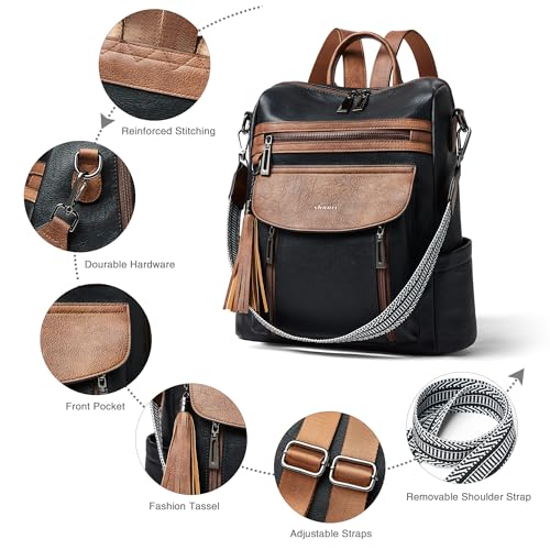 Shrrie Backpack Purse for Women Fashion Leather Backpack Purse Designer Travel Backpack Convertible Shoulder Bag with Wristlet - color: 2-5 Black With Brown