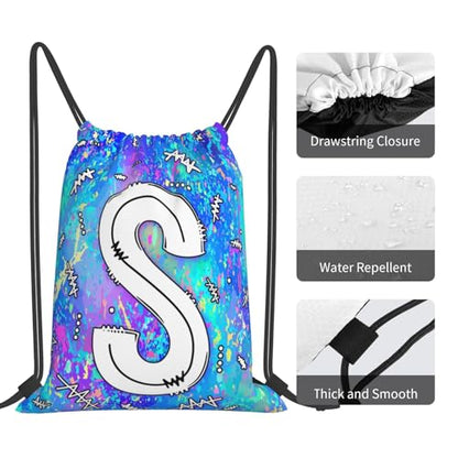 Drawstring Backpack Bag Sport Gym Sackpack Initial Blue Draw String Cinch Bags Bulk String Backpack Storage Bag for Women Men Letters S - color: Letters S
