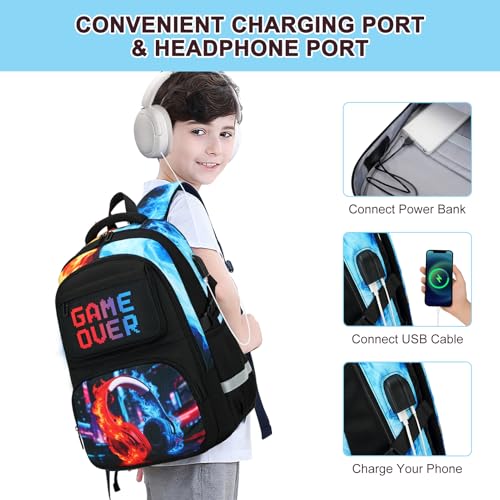 3PCS School Backpack for Boys, Cool Gamer Boys Backpack with Lunch Box and Pencil Case for Kids Kindergarten Teens Elementary Middle School Bag with Convenient Charging Port,Gaming Bookbag Waterproof - color: Red & Blue Flame Headphones