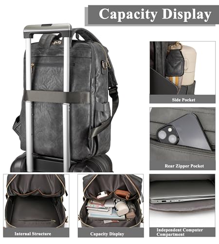 myfriday PU Leather Large Backpack Purse for Women Casual Travel Backpack Convertible Satchel Handbags With Luggage Strap (Grey) - color: Grey