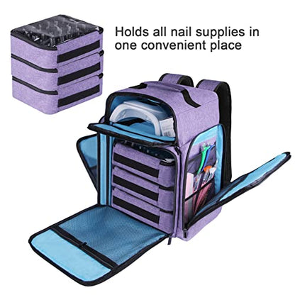 Nail Polish Organizer Backpack Holds 108 Bottles(15ml - 0.5 fl.oz) and a Nail Lamp, with 3 Removable Storage bag for Nail Tech(Purple)