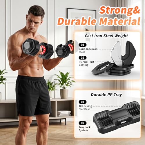 Adjustable Dumbbell Set of 2, 50LBS/100LBS Weights Dumbbell Set with Storage Box, 25lbs/50lbs Pair Adjustable Weights with Anti-slip Silicone Grip, 5-in-1/10-in-1 Quick-Lock Hand Weight Set For Home Gym Suit both Men and Women - color: 50LBS Pair(Total 10