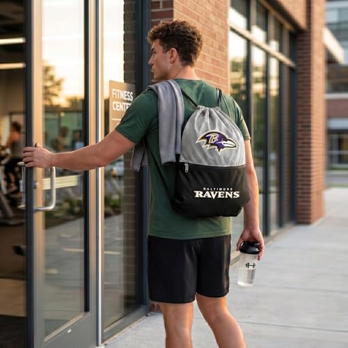 FOCO Baltimore Ravens Big Logo Drawstring Backpack with Zippered Pocket - Limited Edition Ravens Bag - NFL Gear - Officially Licensed Fan Gear - color: Baltimore Ravens