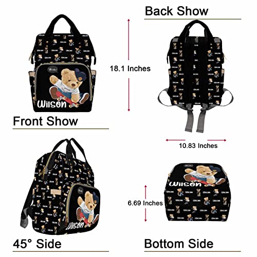 Custom Bear Diaper Bag Backpack for Baby Boy, Personalized Name Cute Cartoon Large Nappy Nursing Orangizer Mommy Bags, Waterproof Travel Daypack for Dad Mom Gifts - color: Bear-black-02
