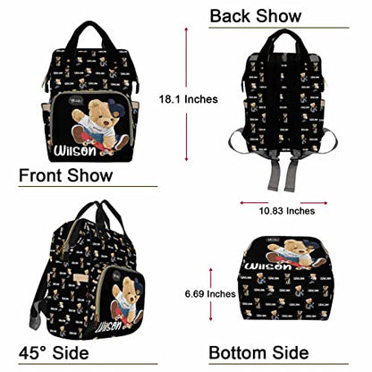 Custom Bear Diaper Bag Backpack for Baby Boy, Personalized Name Cute Cartoon Large Nappy Nursing Orangizer Mommy Bags, Waterproof Travel Daypack for Dad Mom Gifts - color: Bear-black-02