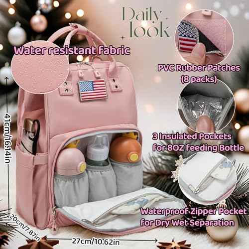 Diaper Bag Backpack for Dad and Mom with USB Charging Port Stroller Straps and Insulated Pocket,army military Travel Nappy Backpack for Daddy/Mommy (Pink) - color: Pink