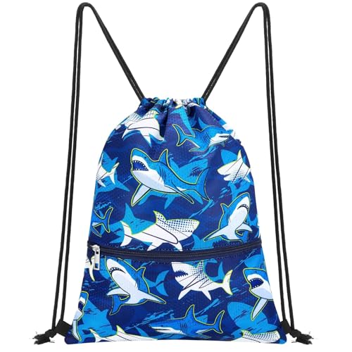 WAWASAM Kids Drawstring Backpack, Gym Swim Bag Cinch Bag for Girls Boys with Zipper Pocket - color: Shark A002